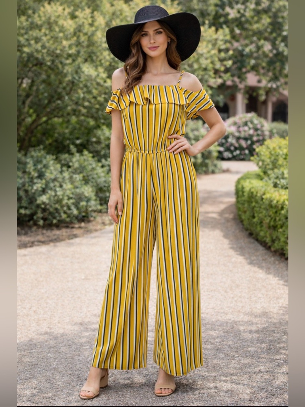 Ambiance gold/black striped one piece sleeveless pant jumpsuit